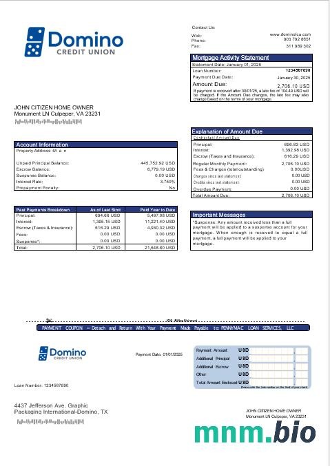 USA Bank of Domino wyciąg z kredytu hipotecznego w formatach Word i PDF